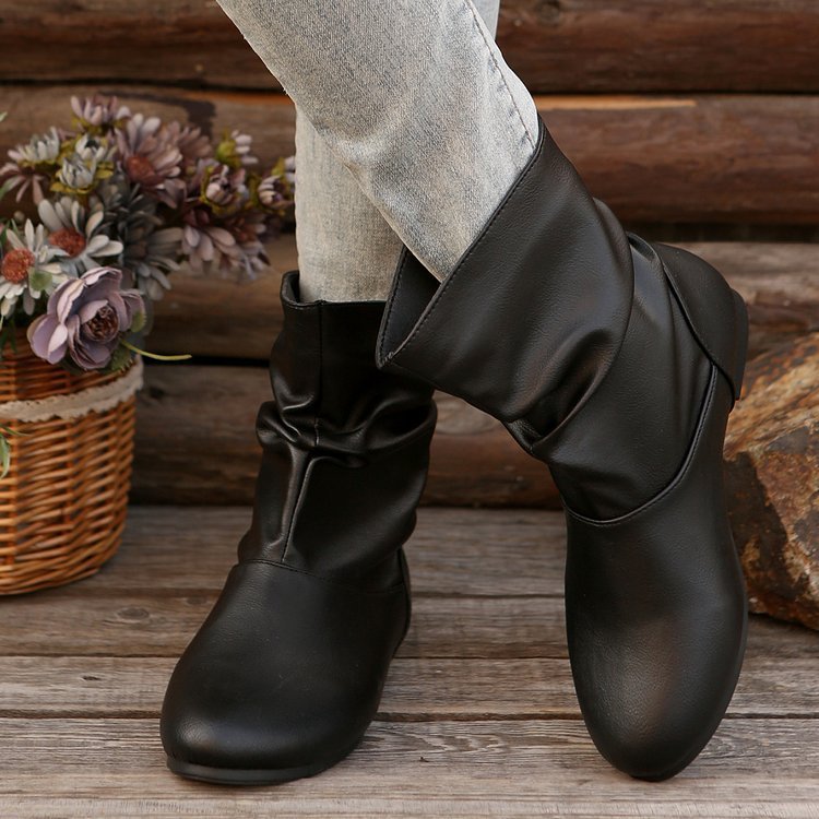 Women's Fashion Round-Toe Flat Boots – Versatile Slip-On Western Cowboy Style Casual Short Shoes