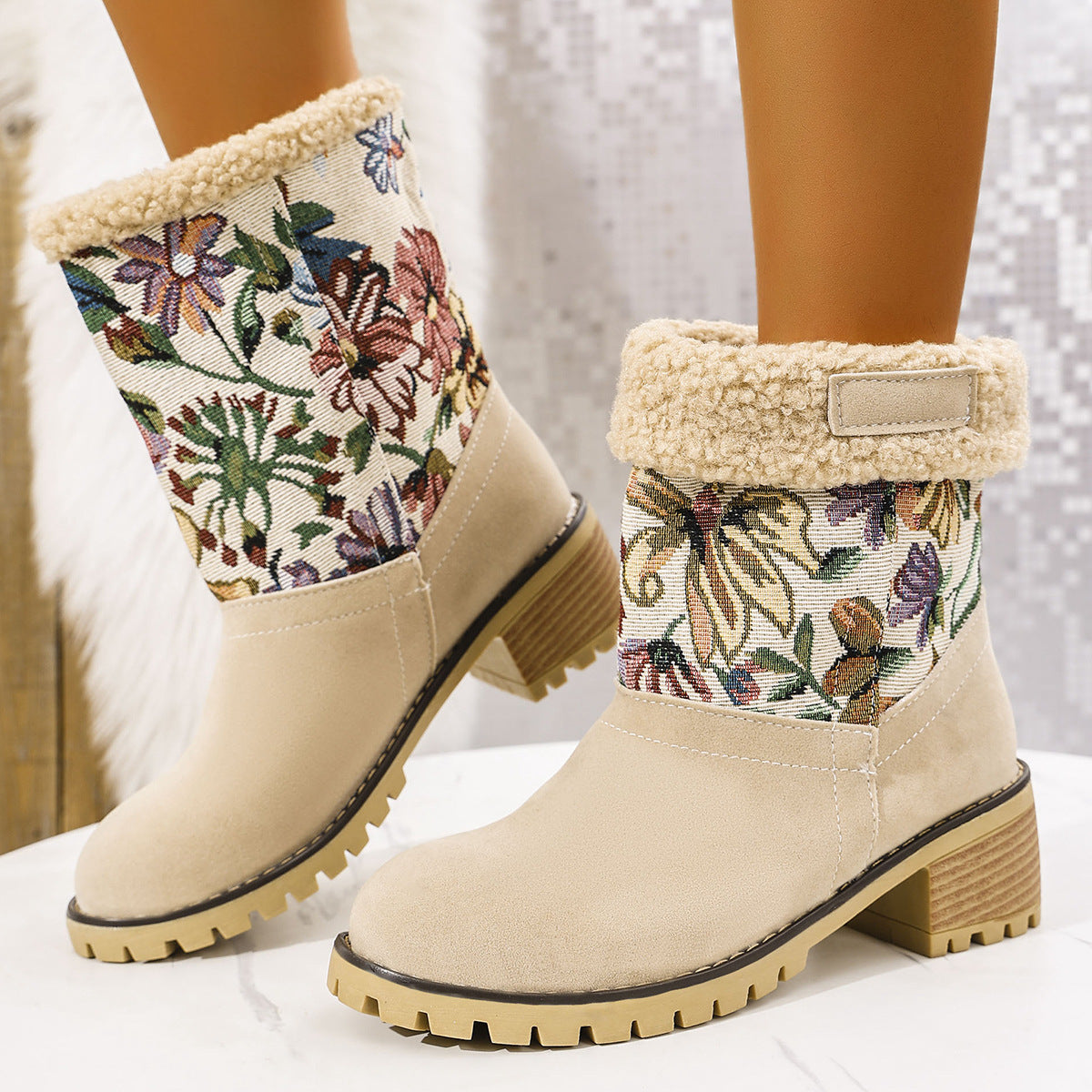 Women's Winter Warm Mid-Tube Snow Boots with Floral Embroidery