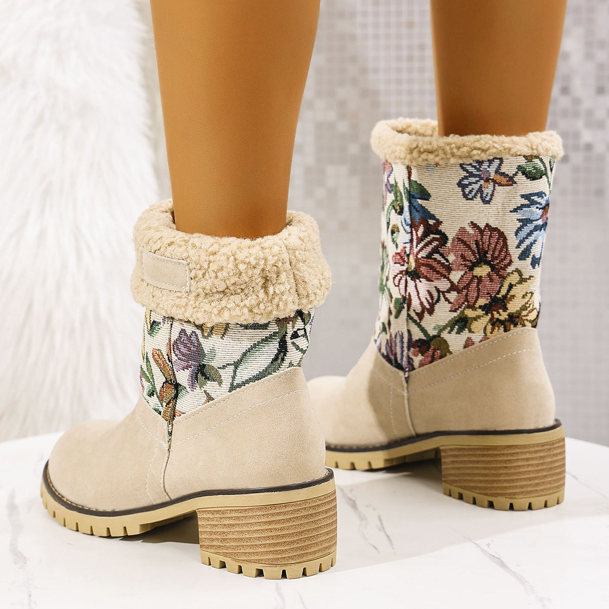 Women's Winter Warm Mid-Tube Snow Boots with Floral Embroidery