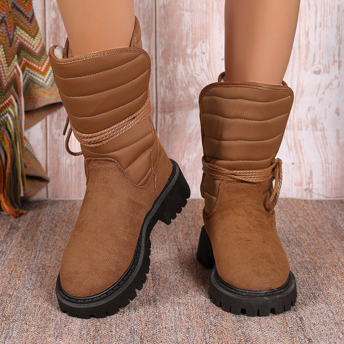 New Chunky Heel Mid-Tube Snow Boots for Women – Winter Warm Fleece Lined with Lace-Up Design