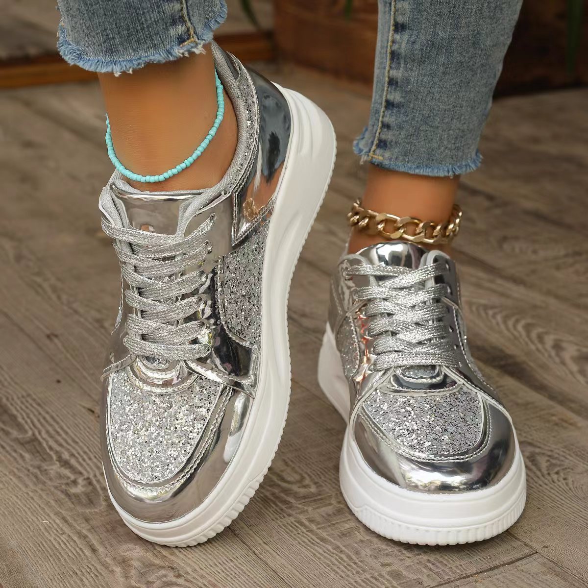 Women's Fashion Lace-Up Flat Shoes – Sequin Design, Casual Sports Style, Thick-Bottom Round-Toe Sneakers