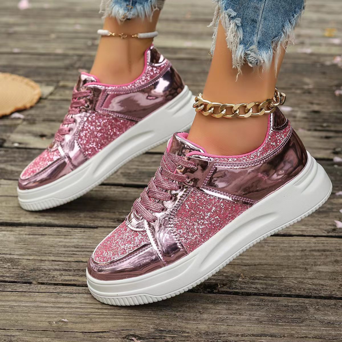 Women's Fashion Lace-Up Flat Shoes – Sequin Design, Casual Sports Style, Thick-Bottom Round-Toe Sneakers