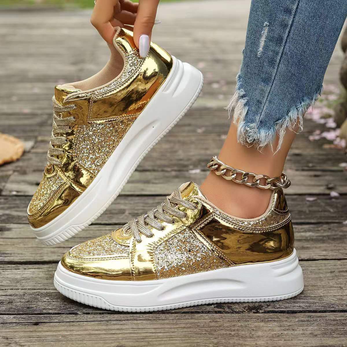 Women's Fashion Lace-Up Flat Shoes – Sequin Design, Casual Sports Style, Thick-Bottom Round-Toe Sneakers