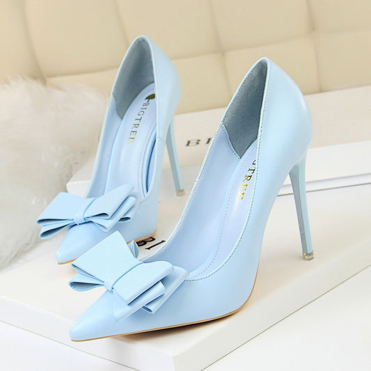 Shallow Mouth Pointed Toe Single Shoes with Bow Detail