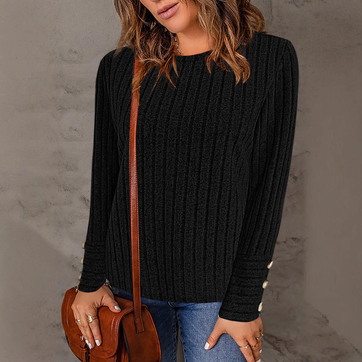 Pullover Round Neck Long Sleeve Top with Fashionable Button Detail