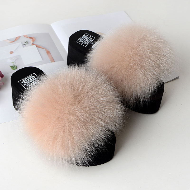 New Fox Fur Women Sandals Height Increasing Casual