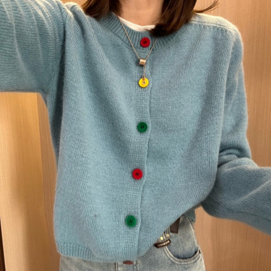 Korean-Style Age-Reducing Rainbow Single-Breasted Round Neck Sweater