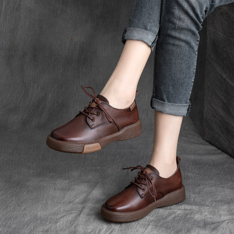 British Cowhide Round Toe Lace-Up Shoes with Thick Bottom and Soft Sole