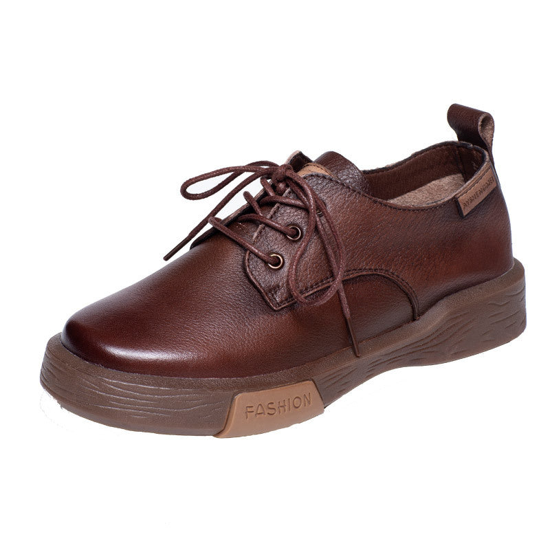 British Cowhide Round Toe Lace-Up Shoes with Thick Bottom and Soft Sole