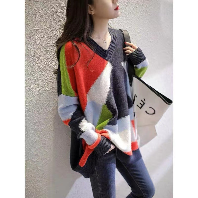 Women's V-Neck Knitted Sweater in Rainbow Colors – Casual Style