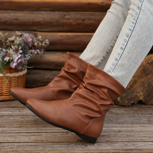 Women's Fashion Round-Toe Flat Boots – Versatile Slip-On Western Cowboy Style Casual Short Shoes