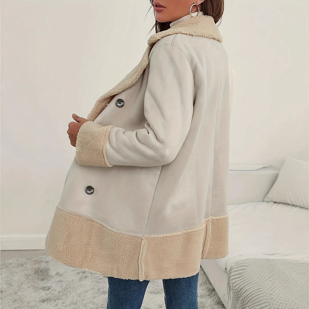 Apricot Lapel Contrast Color Lamb Wool Long Coat