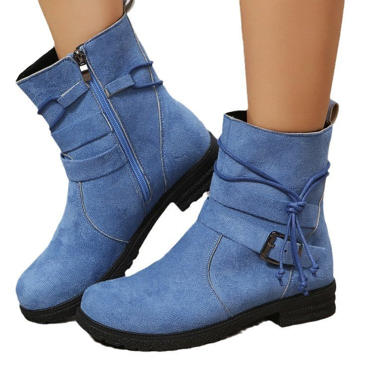 New Fashion Mid-Calf Boots with Side Zipper, Buckle Detail, Square Heel, and Round Toe