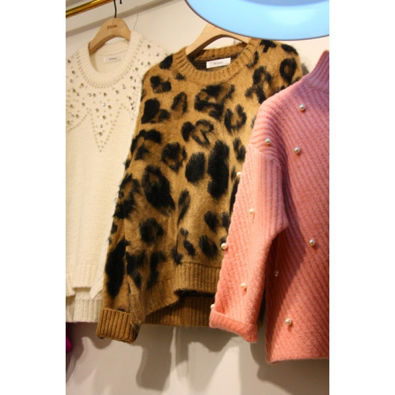 Refined Warm Leopard Print Pullover Sweater - Stylish and Versatile Thick Knit for Women