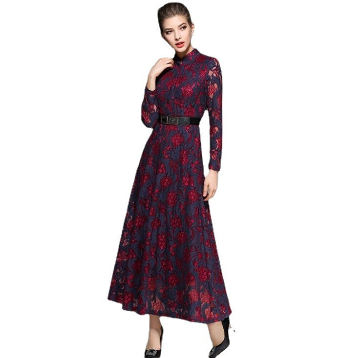 Women's Slim Fit Vintage Jacquard Lace Swing Dress