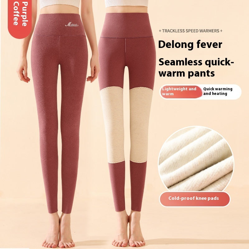 Women's Winter High-Waist Knee-Pad Leggings, Fashionable Warm Double-Sided Brushed Slim Pants