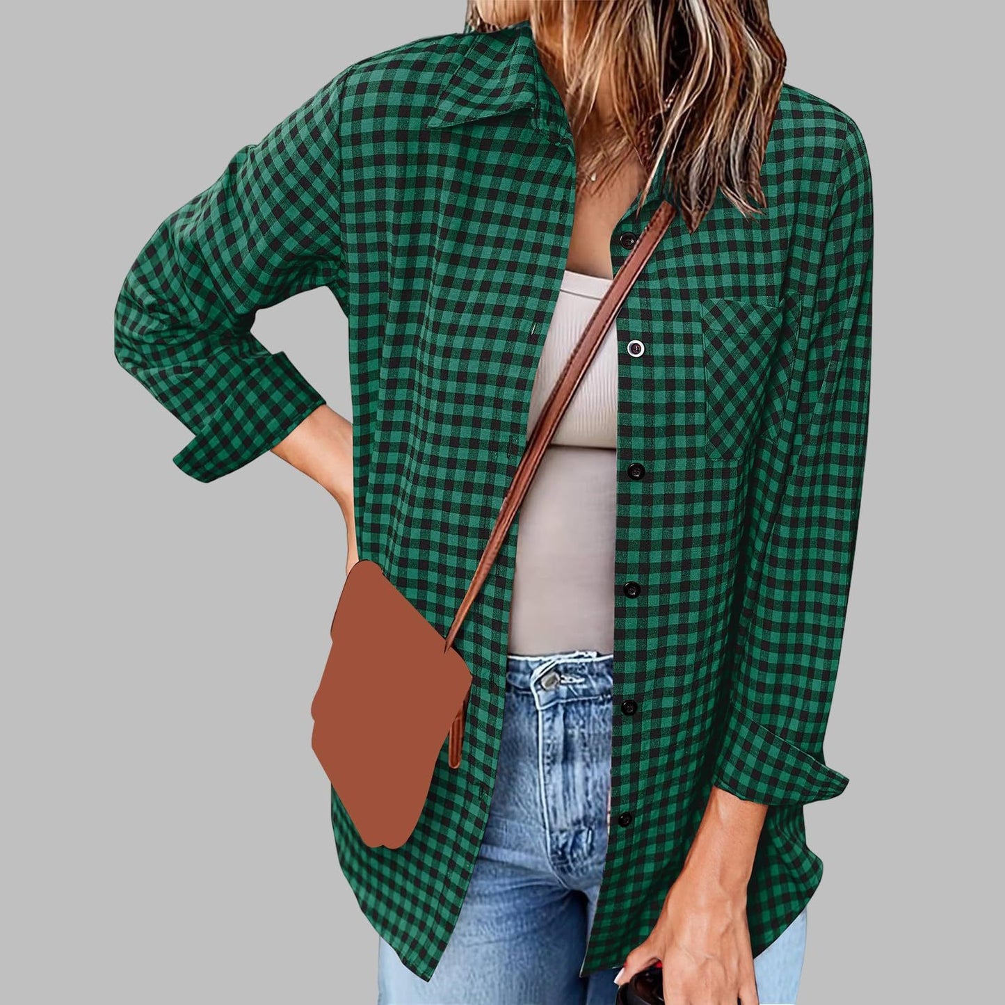 Loose-Fit Women's Long Sleeve Plaid Shirt