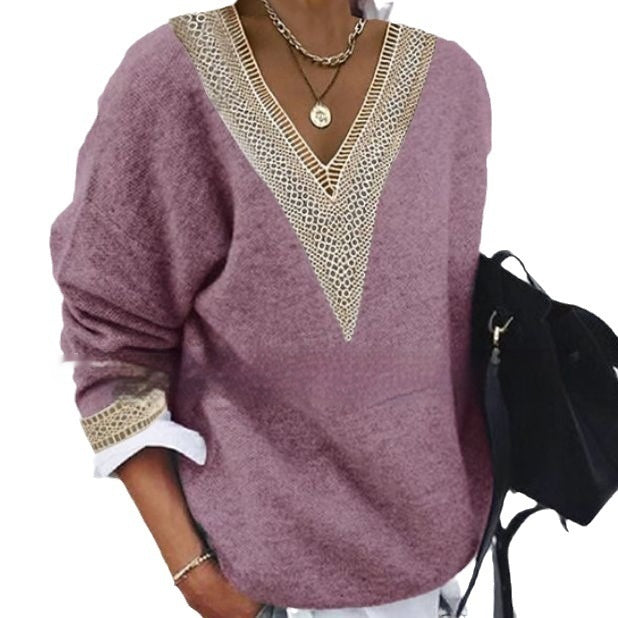 Long Sleeve Solid Color Knitted Sweater with Lace Collar