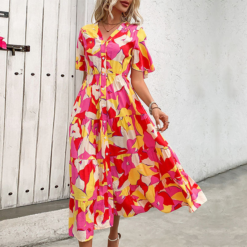 Single-Breasted Printed Mid-Length Dress