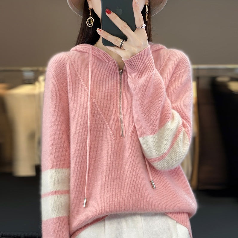 Hooded Zipper Knit Sweater for Women - Thickened, Color-Block Design