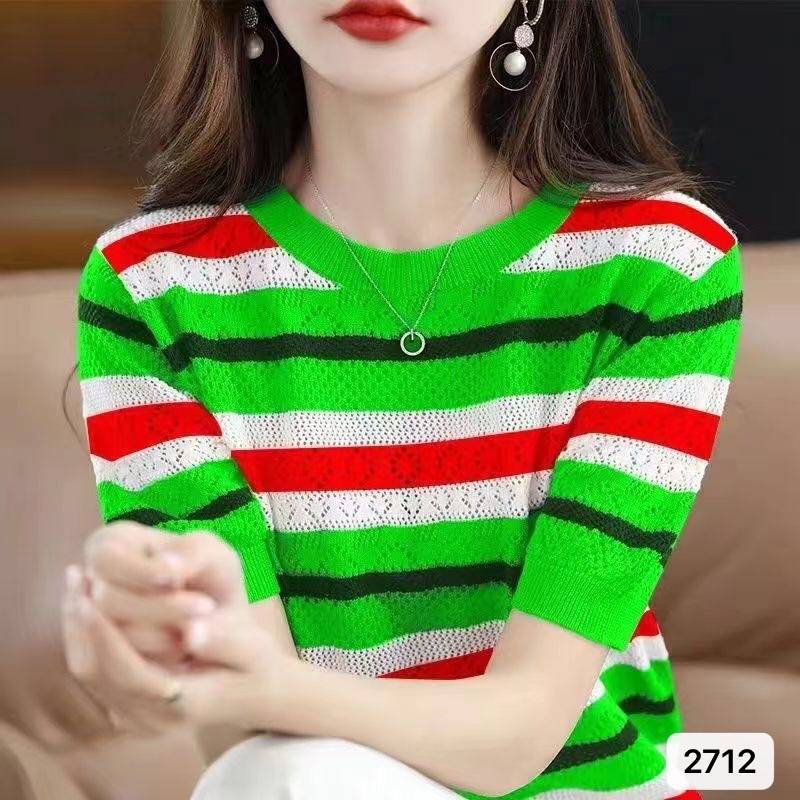 Color-Block Hollow-Out Loose Striped Top with Half Sleeves