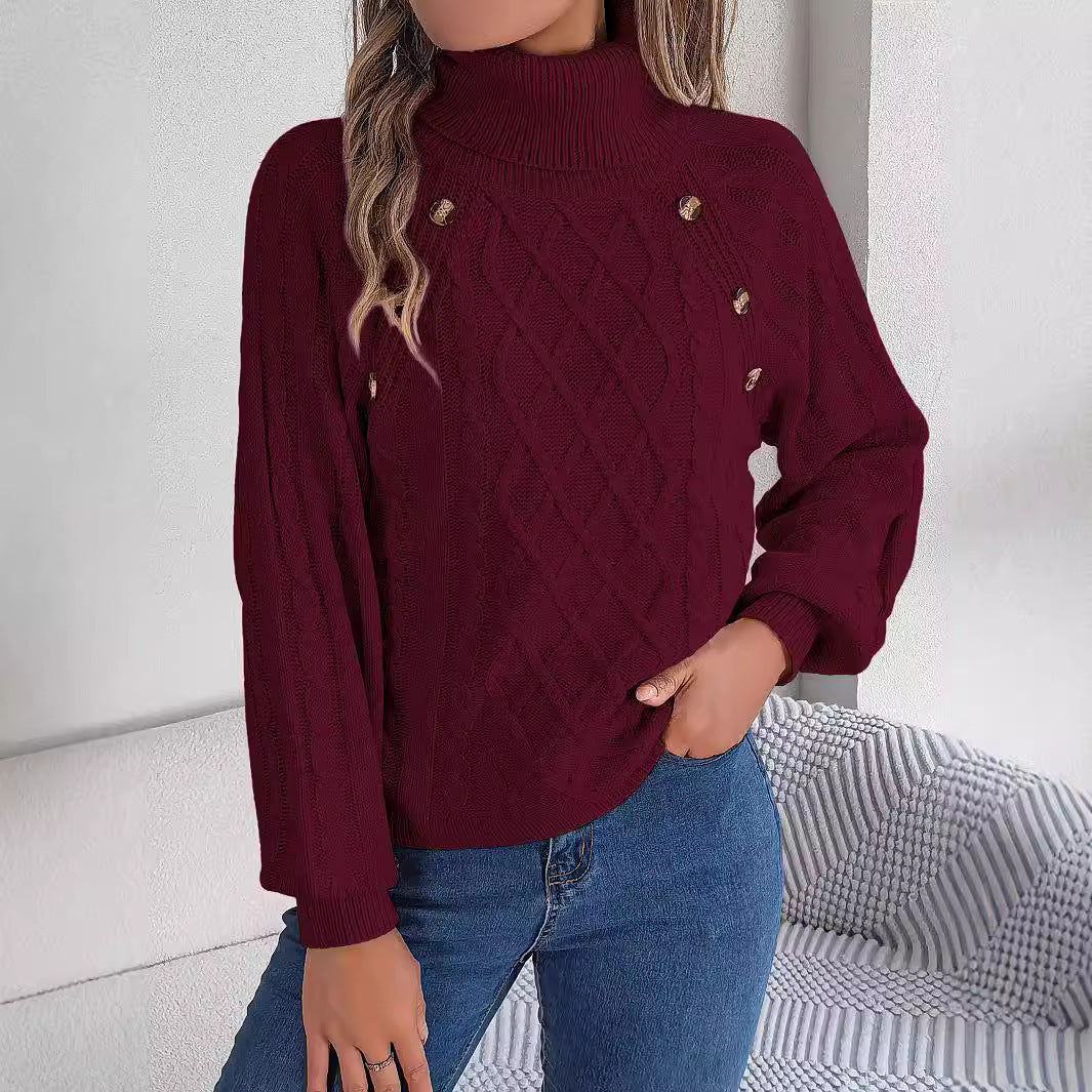 Casual Button-Detail Cable-Knit Turtleneck Sweater with Lantern Sleeves