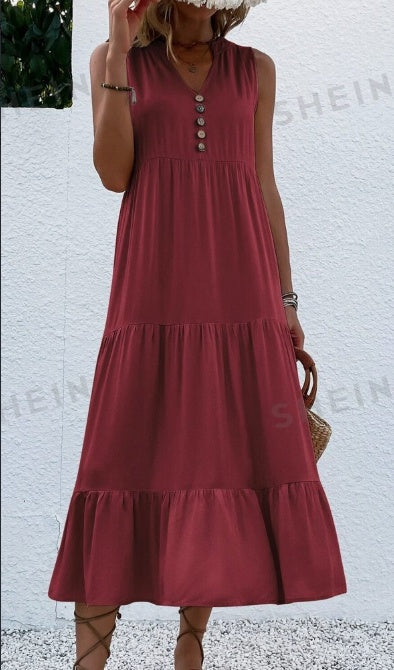 Women's Notched V-Neck Dress with Ruffle Hem