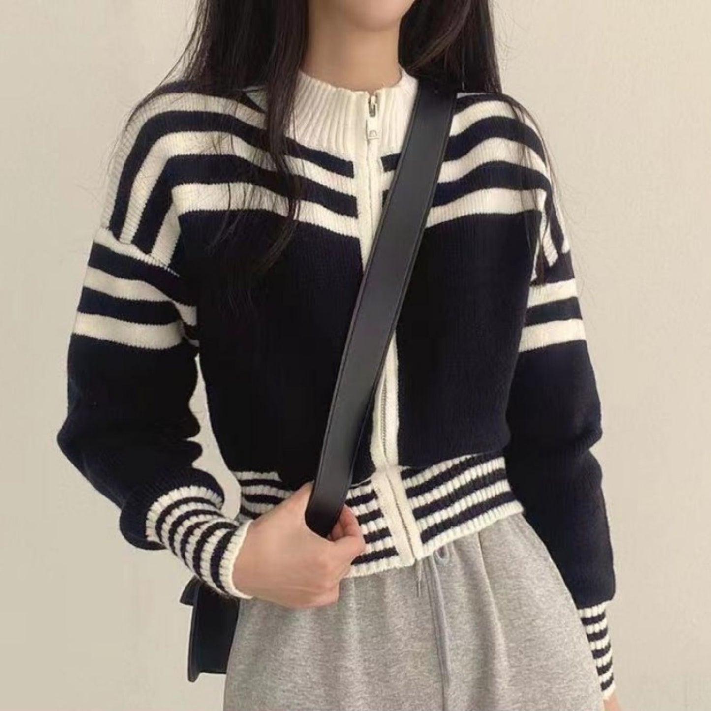 Short Striped Sweater Coat – Long Sleeve Casual Style