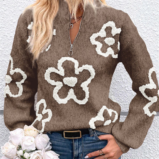 Women's Half-Cardigan Zipper Pullover Sweater with Flower Jacquard Design