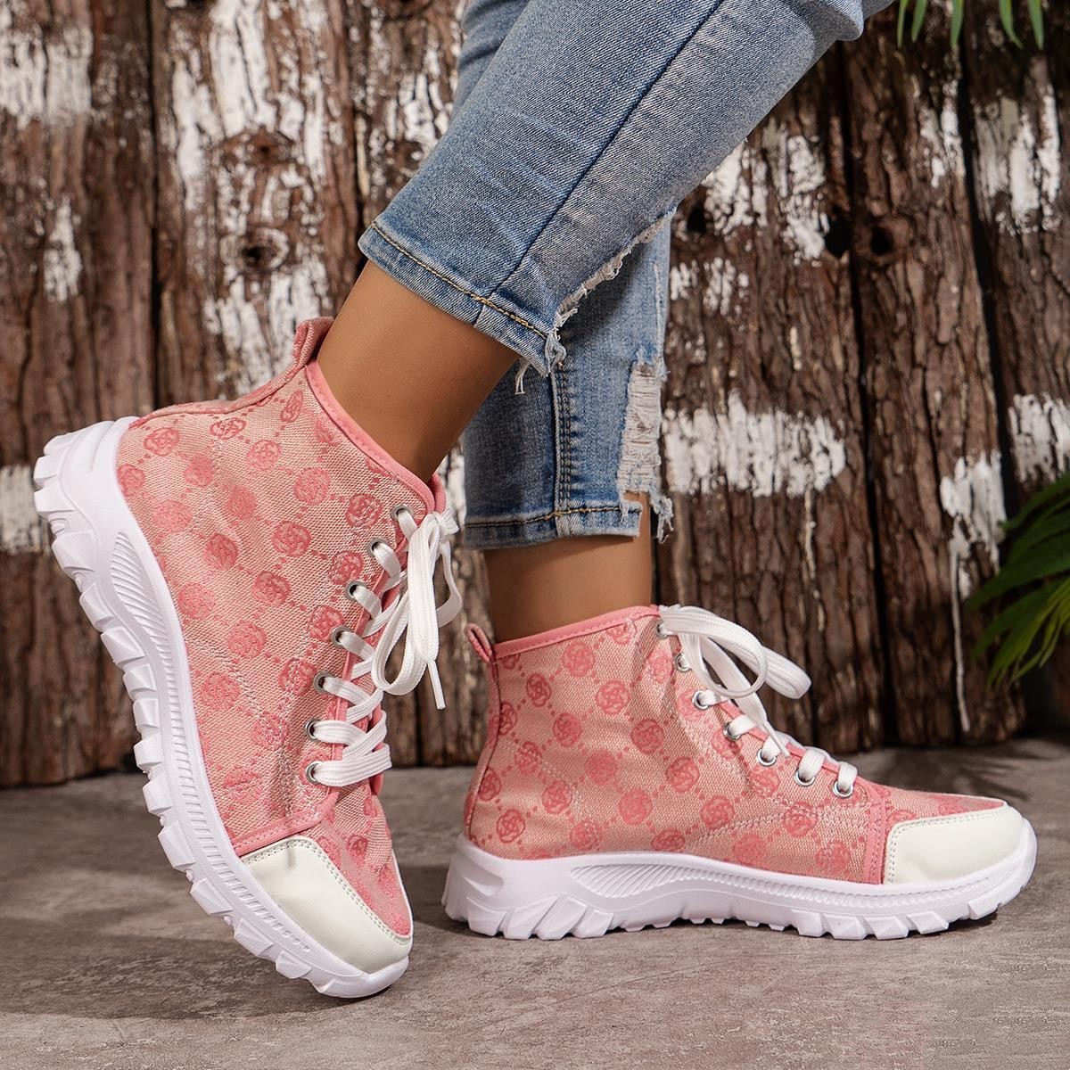 Women's Rose-Printed Lace-Up Boots – Fashionable, Breathable Canvas Sports Shoes