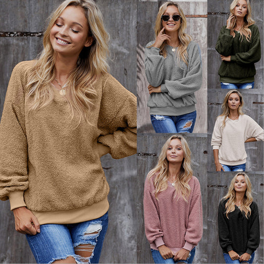 Solid Color Round Neck Pullover with Long Sleeves – Women's Loose Casual Top