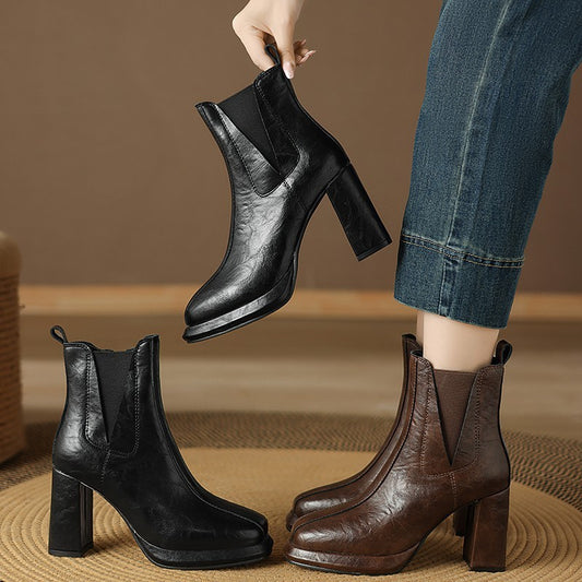 Square Toe Short Tube Waterproof Platform Boots with Thick High Heels