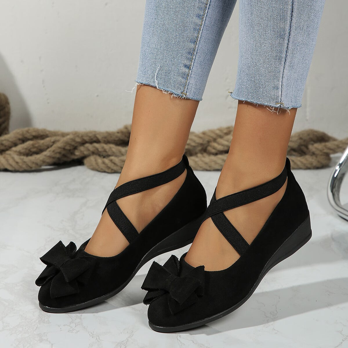 Suede Wedge Shoes with Bow and Cross Elastic Band – Oversized Design