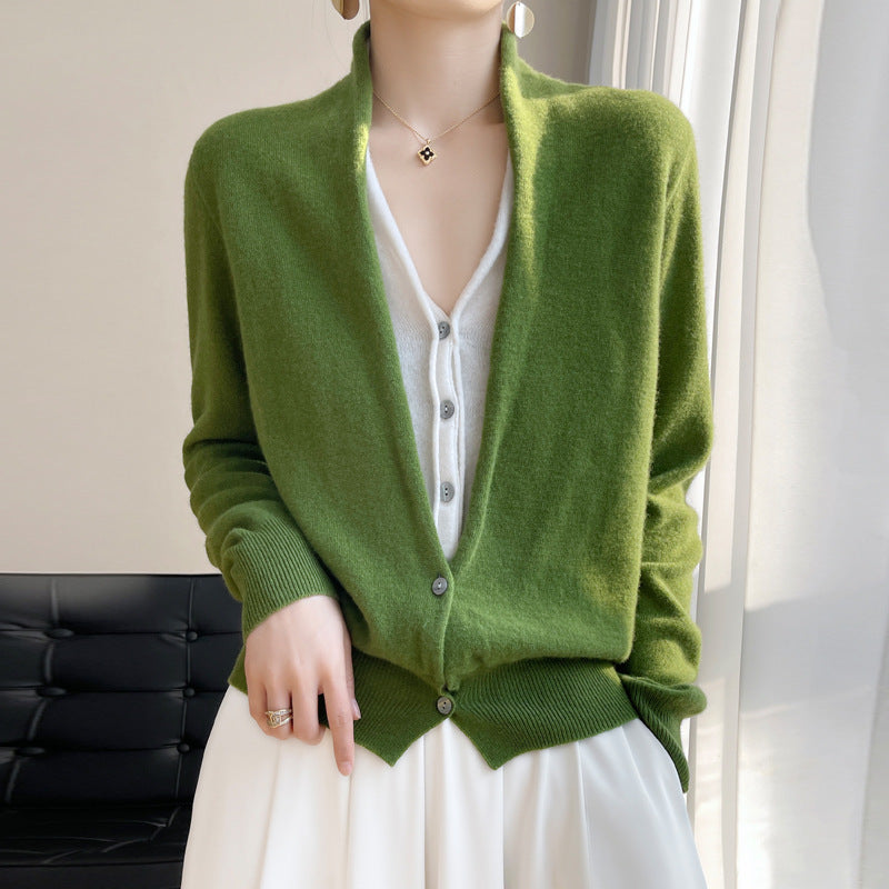 Pure Wool Women's V-Neck Stitching Coat – Spring and Autumn Knitted Top