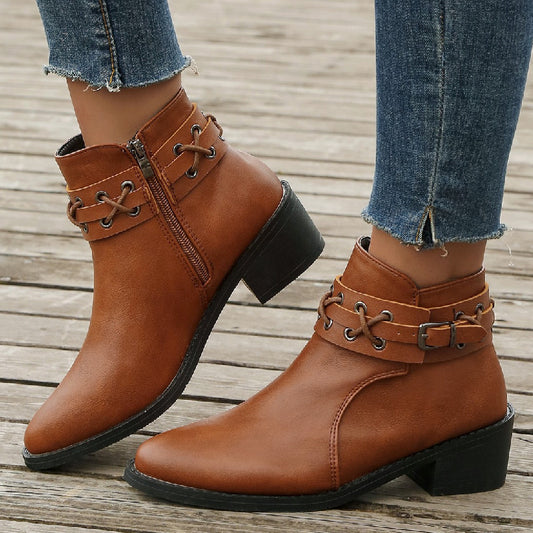 Women's Ankle Boots with Pointed Toe, Side Zip, Thick Heel, and Rivet Details