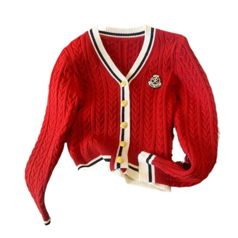 V-Collar Contrast Color Knitted Cardigan with Waist Slimming Cable-Knit Sweater for Women