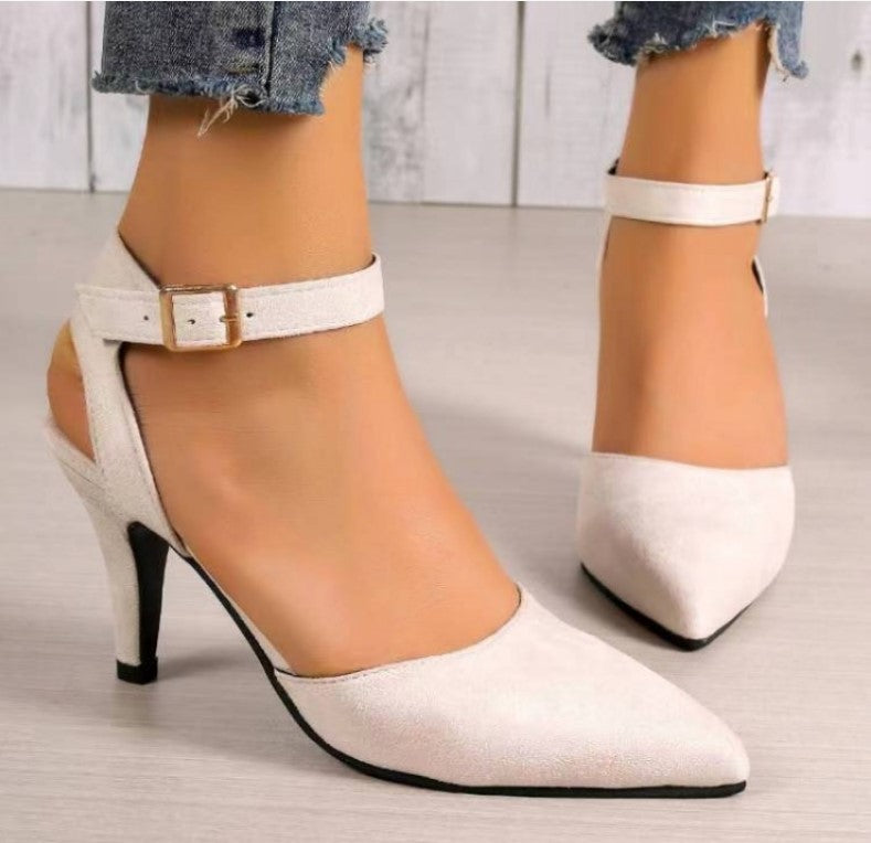 Fashionable Pointed-Toe High Heel Shoes with Square Buckle Detail