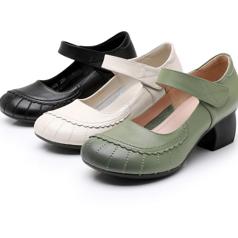 Velcro Low-Cut Genuine Leather Women's Pumps in Plus Size 43