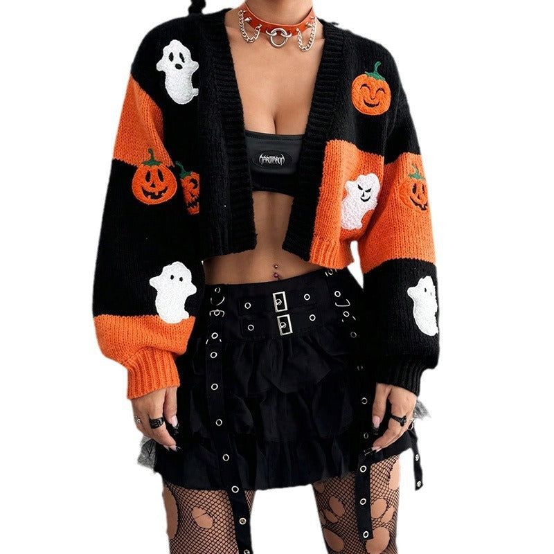 European & American Style Ghost Pumpkin Pattern Sweater Cardigan