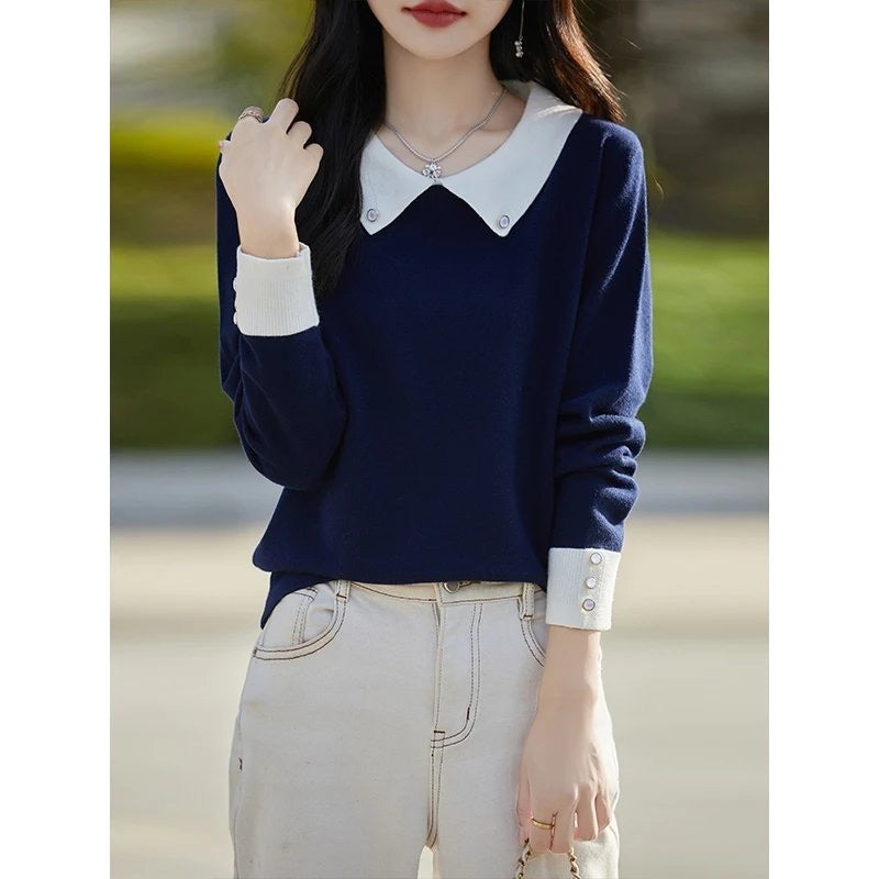 French-Inspired Contrast Color Lapel Bottoming Sweater for Women – Stylish and Trendy