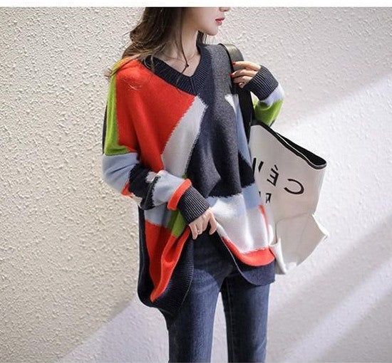 Women's V-Neck Knitted Sweater in Rainbow Colors – Casual Style