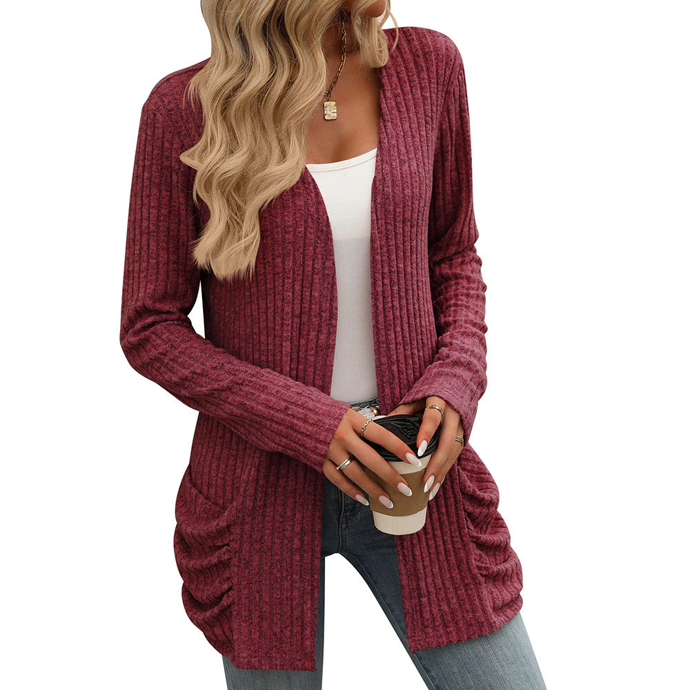 Solid Color Ribbed Brushed Pocket Cardigan – Long Sleeve Coat for Women