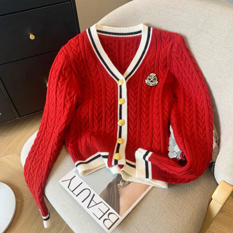 V-Collar Contrast Color Knitted Cardigan with Waist Slimming Cable-Knit Sweater for Women