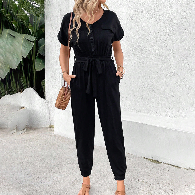 Black Short Sleeve Lace-Up Jumpsuit