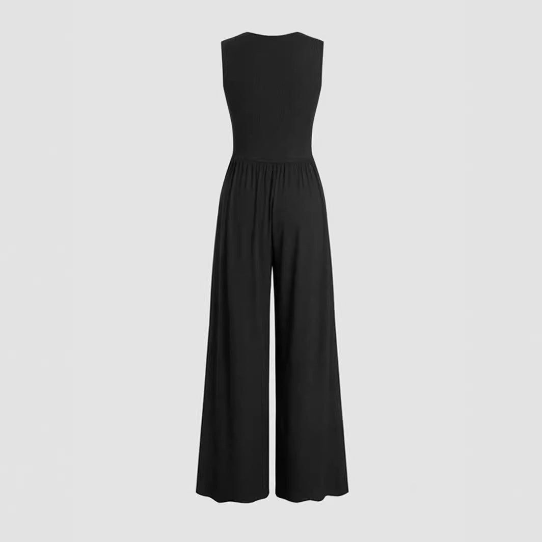 Women's Deep V-Neck Pleated Wide-Leg Jumpsuit with Stretch Body-Shaping Design