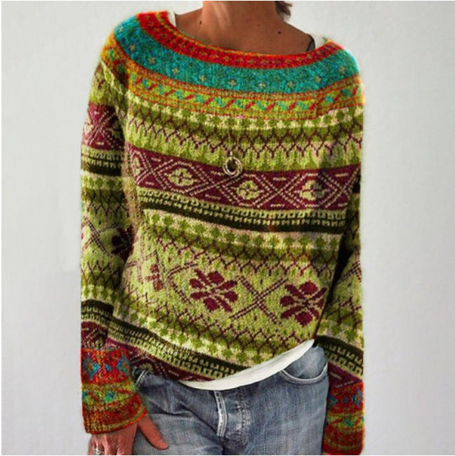 Women's Round Neck Loose-Fit Multicolor Fashion Pullover Sweater