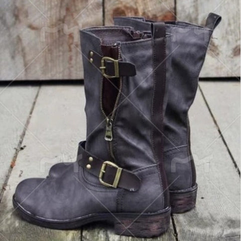 Mid-Calf Knight Boots with Belt Buckle Detail