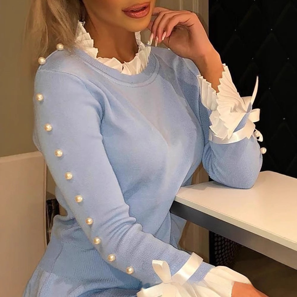 Fashionable Blue Stitching Long-Sleeve Top