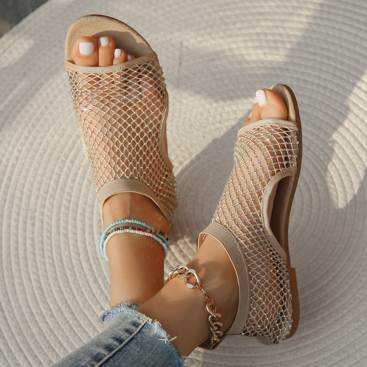 Summer Round Toe Hollow Rhinestone Open Toe Sandals