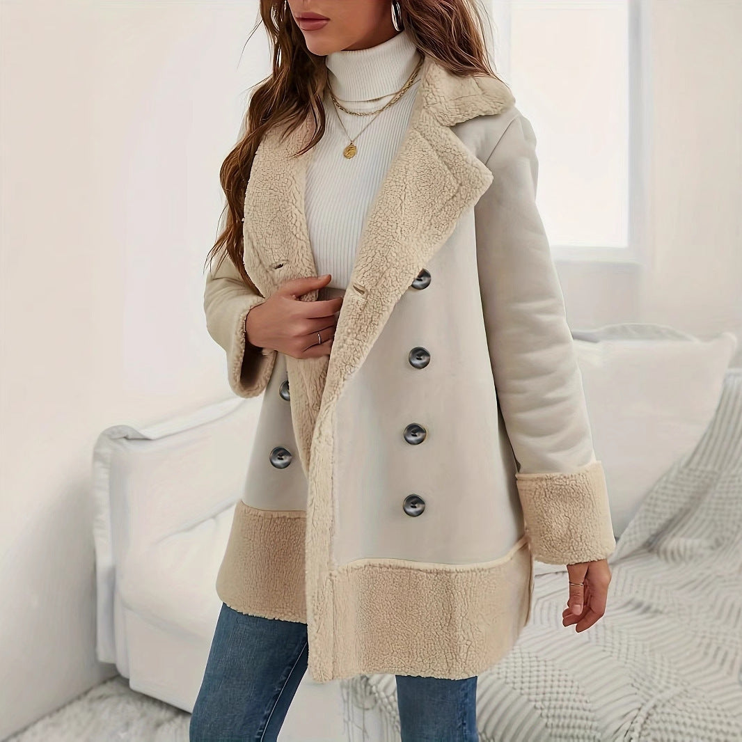 Apricot Lapel Contrast Color Lamb Wool Long Coat